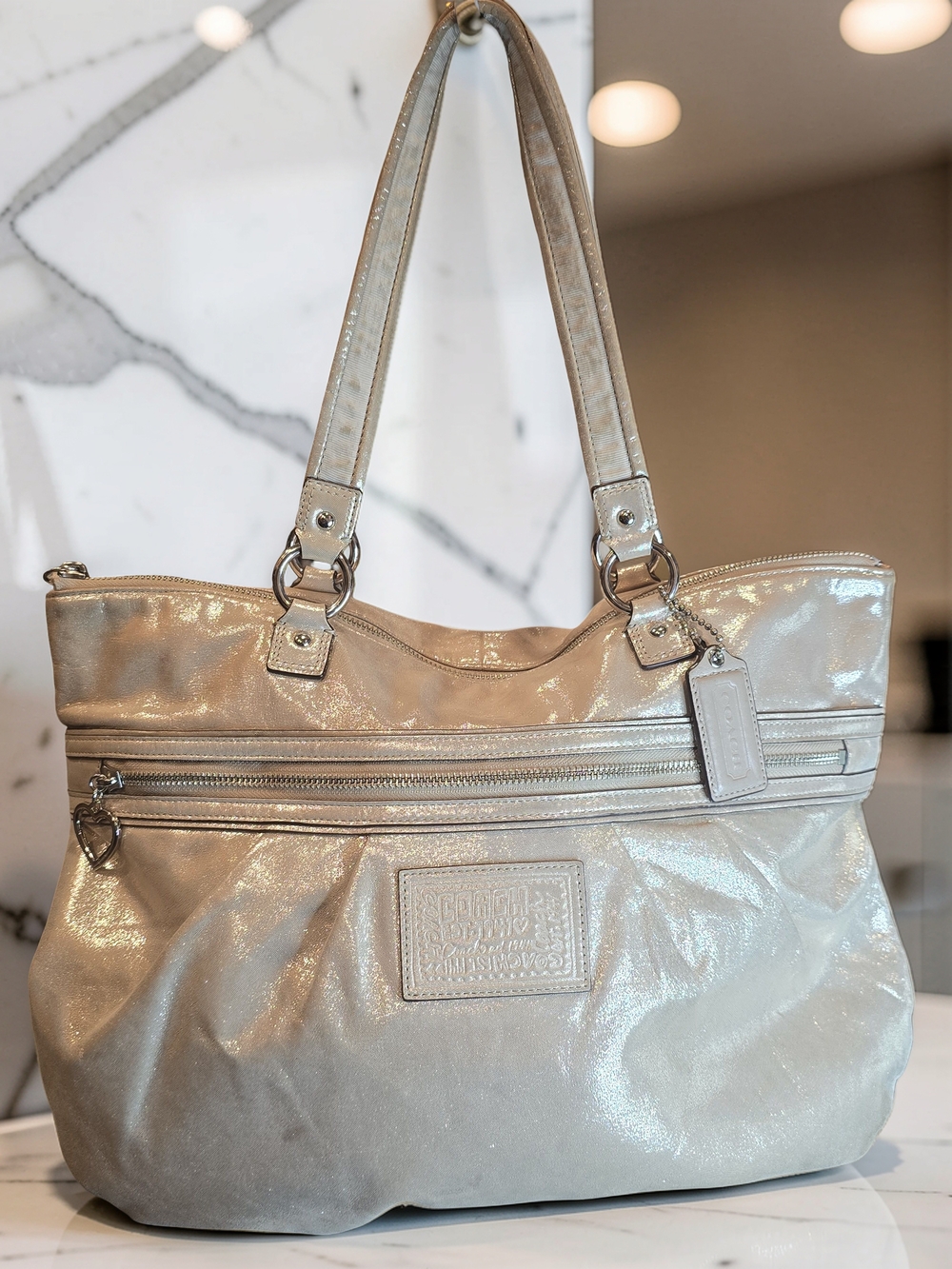 COACH Poppy Metallic Champagne Leather Glam Tote Bag